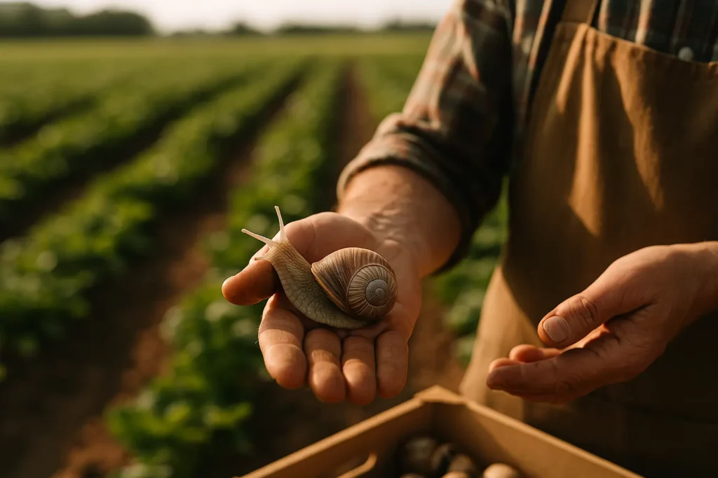 Escargot vivant rampant sur la main d’un agriculteur dans un champ naturel